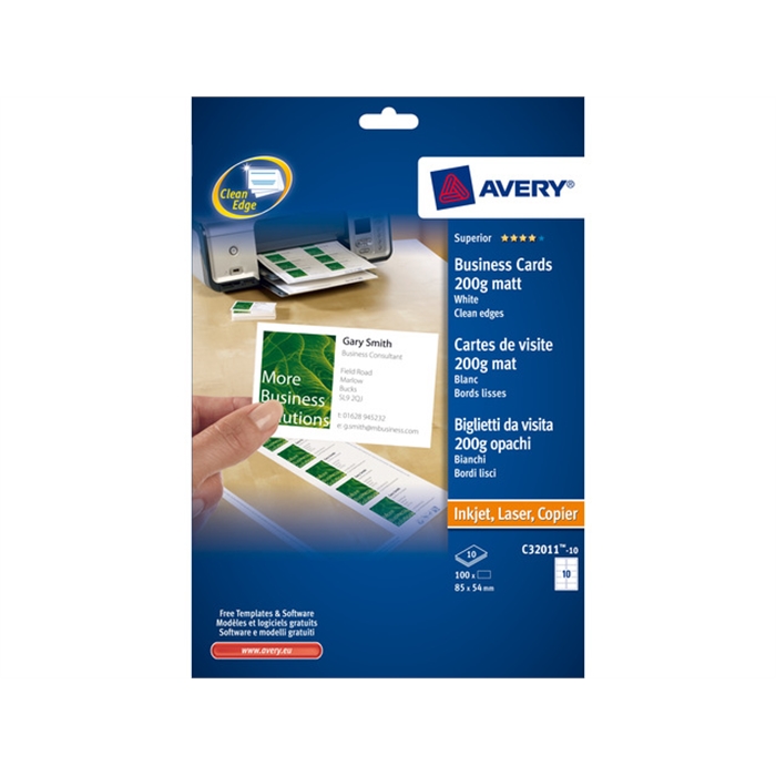 Picture of AVERY AV-C32011-10 - Business cards "quick&clean" 85x54 mm, 200 gr, White, 10 sheets, 10 cards per sheet