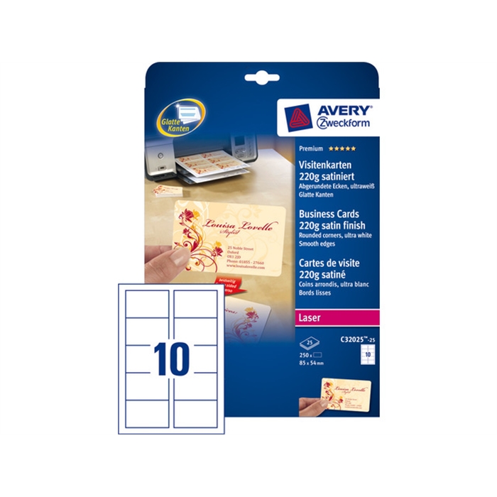 Picture of AVERY AV-C32025-25 - Business cards "quick&clean" 85x54 mm, 220 gr, White, 25 sheets, 10 cards per sheet
