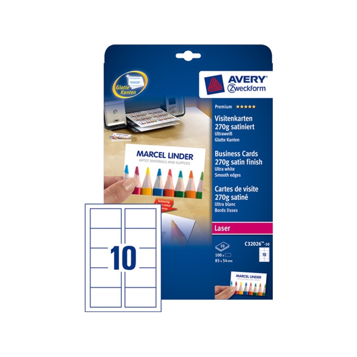 Picture of AVERY AV-C32026-10 - Business cards "quick&clean" 85x54 mm, 270 gr, White, 10 sheets, 10 cards per sheet