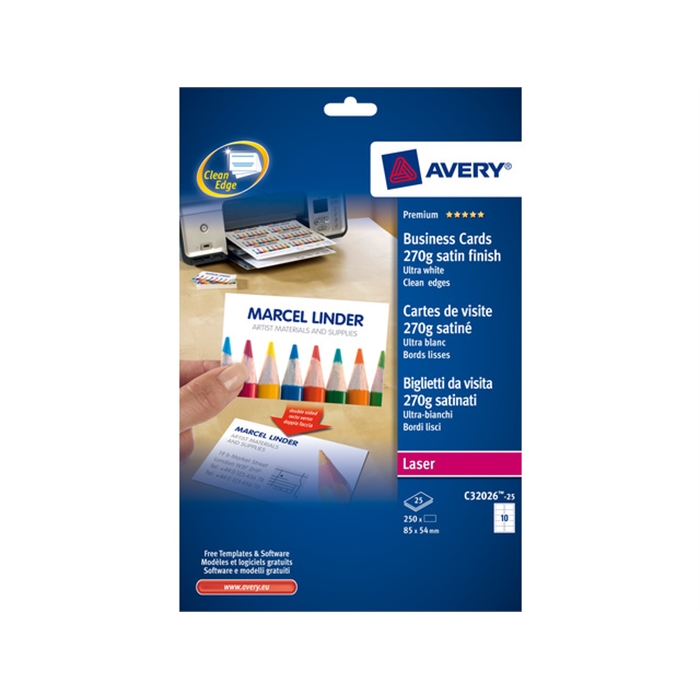 Picture of AVERY AV-C32026-25 - Business cards "quick&clean" 85x54 mm, 270 gr, White, 25 sheets, 10 cards per sheet
