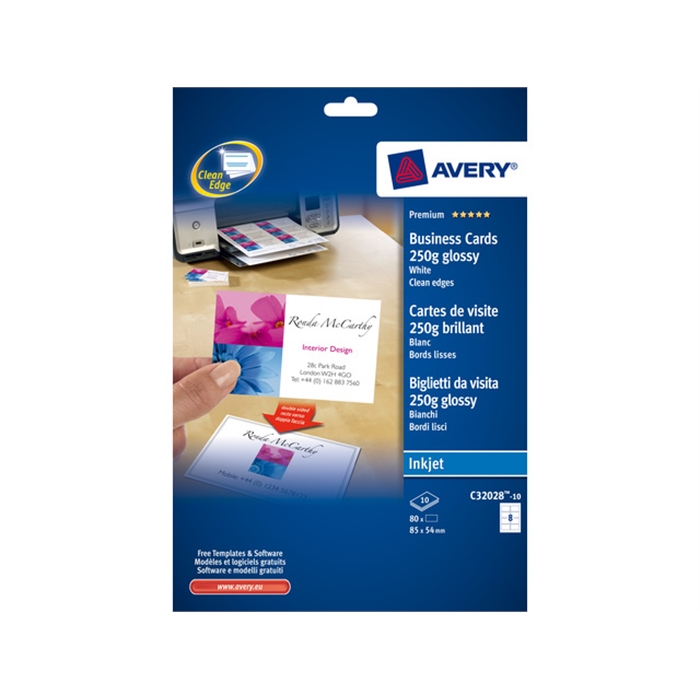 Picture of AVERY AV-C32028-10 - Business cards "quick&clean" 85x54 mm, 250 gr, White, 10 sheets, 8 cards per sheet