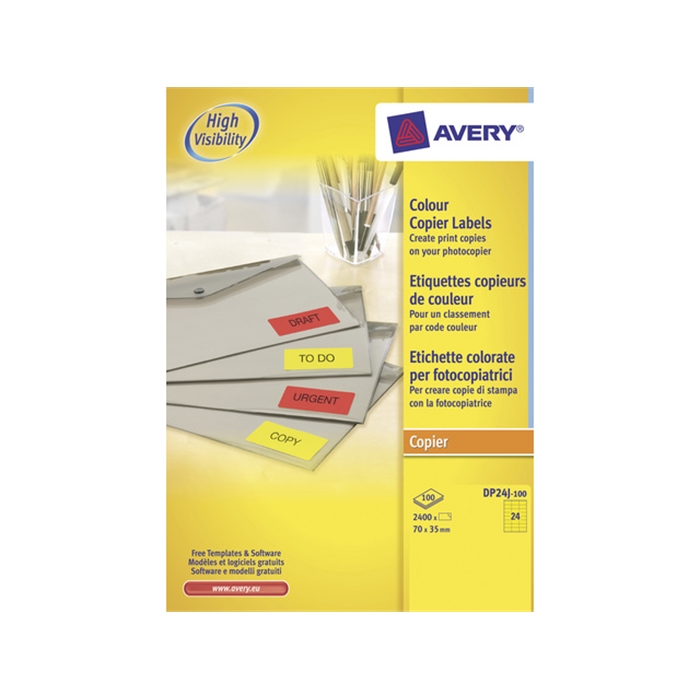 Afbeelding van AVERY AV-DP24J-100 - Kopieeretiket monochroom 70x35 mm, 100 vellen, 24 etiketten per vel, fluor Geel