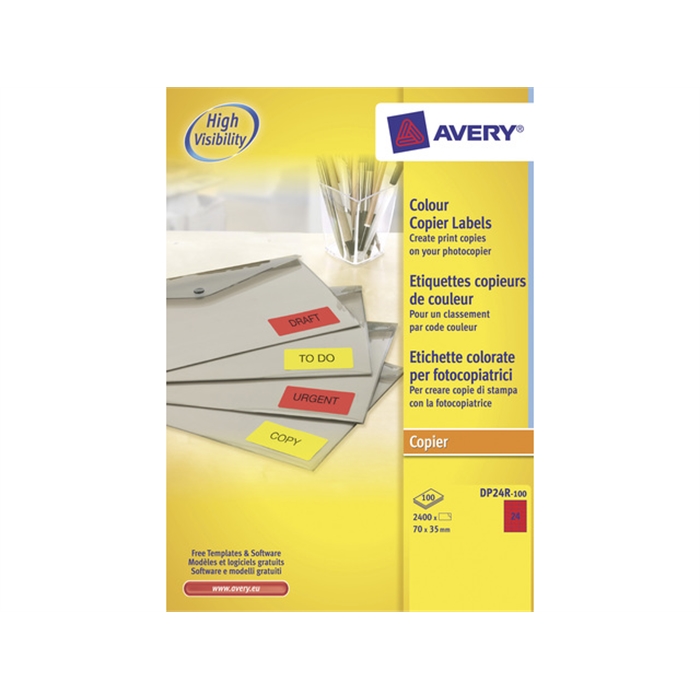 Afbeelding van AVERY AV-DP24R-100 - Kopieeretiket monochroom 70x35 mm, 100 vellen, 24 etiketten per vel, fluor Rood