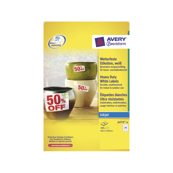 Image de AVERY AV-J4773-10 - Etiquettes ultra résistantes 63,5x33,9 mm Blanc, 10 feuilles, 24 étiquettes par feuille