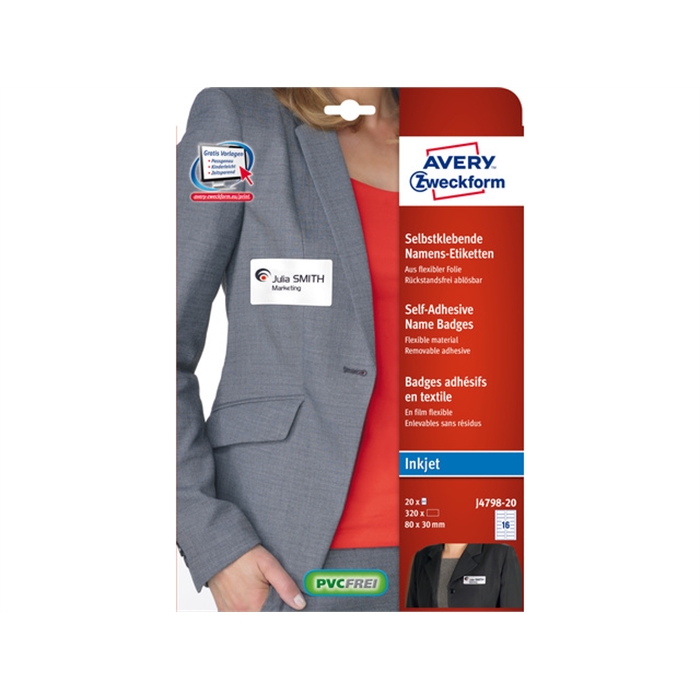 Picture of AVERY AV-J4798-20 - Cloth adhesive badge 30x80 mm, 20 sheets, 16 labels per sheet, White