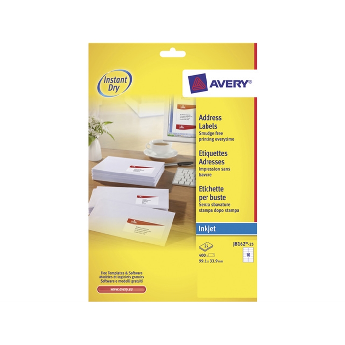 Picture of AVERY AV-J8162-25 - Avery inkjet label 99.1x33.9mm white 25 sheets, 16 ets. per sheet