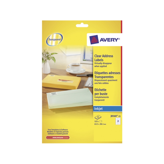 Picture of AVERY AV-J8560-25 - Address label 63,5x38,1 mm, transparent, inkjet, 25 sheets, 21 labels per sheet