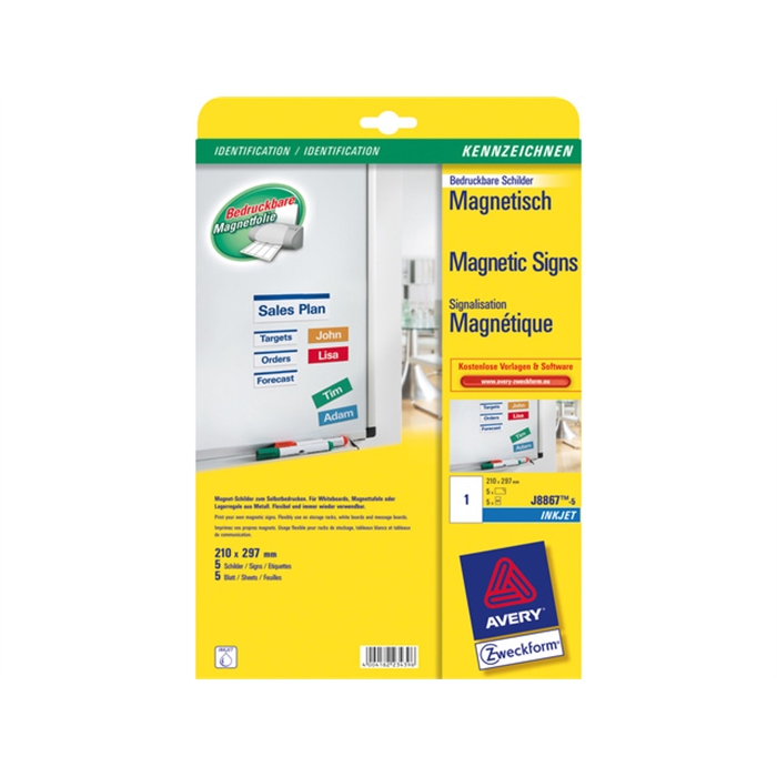 Picture of AVERY AV-J8867-5 - Printable magnetic labels 210x297 mm, 5 sheets, 1 label per sheet