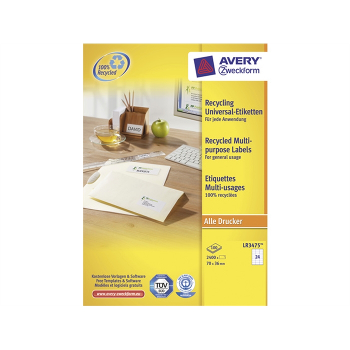 Picture of AVERY AV-LR3475 - Recycled multi-purpose labels 70x36 mm, 100 sheets, 24 labels per sheet