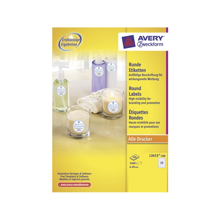 Picture of AVERY AV-L3415-100 - Round labels 40 mm, White, promotional, 100 sheets, 24 labels per sheet