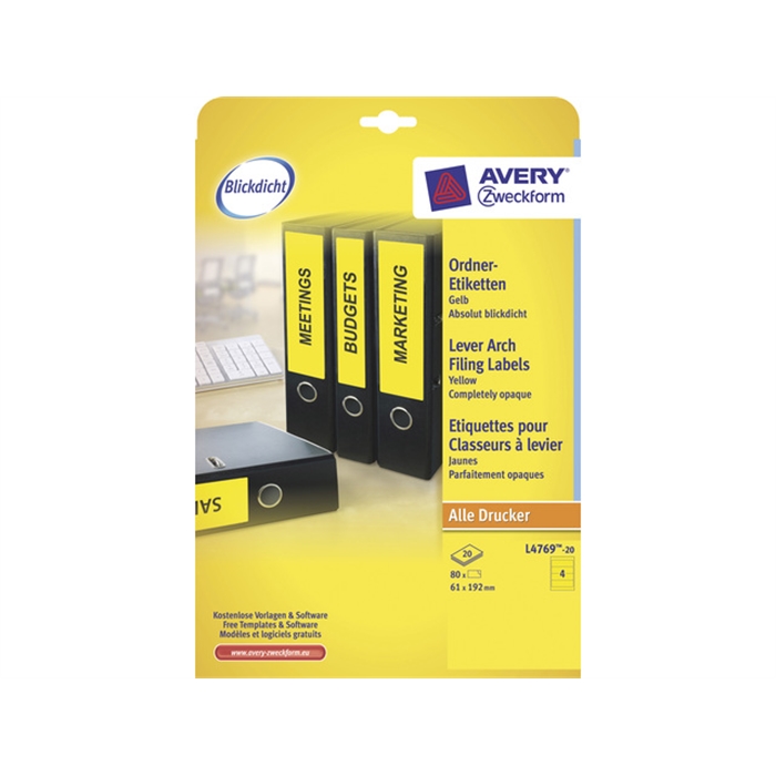 Image de AVERY AV-L4769-20 - Étiquettes longues pour dos de classeur large, Jaune, 192x61 mm, 20 feuilles, 4 étiquettes par feuille