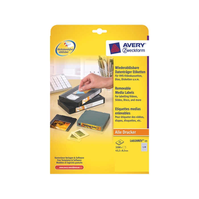 Image de AVERY AV-L6020REV-25 - Étiquettes 43,2x8,5 mm, Blanc, 25 feuilles, 128 étiquettes par feuille