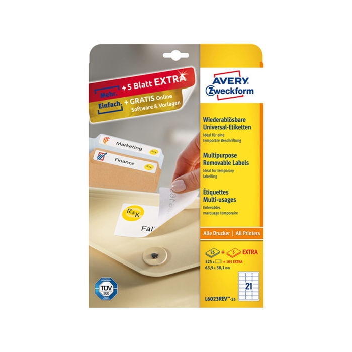 Image de AVERY AV-L6023REV-25 - Étiquette 63,5x38,1 mm, 25 feuilles, 21 étiquettes par feuille, Blanc