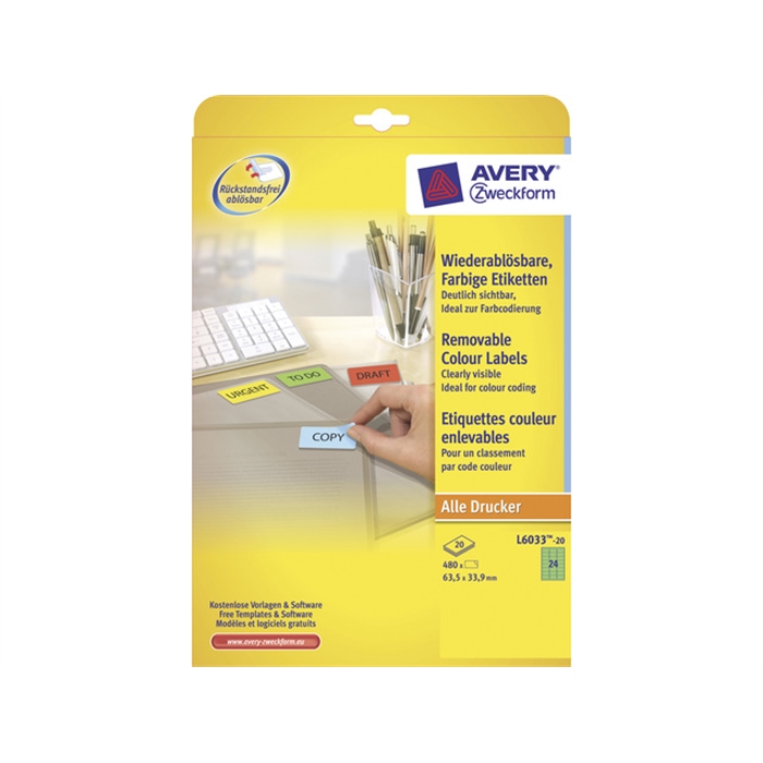 Image de AVERY AV-L6033-20 - Étiquette 63,5x33,9 mm, 20 feuilles, 24 étiquettes par feuille, Vert