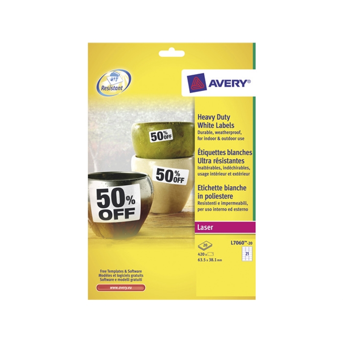 Afbeelding van AVERY AV-L7060-20 - Ultrasterke laseretiketten 63,5x38,1 mm Wit, 20 vellen, 21 etiketten per vel