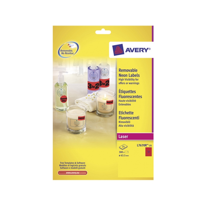 Afbeelding van AVERY AV-L7670R-25 - Laseretiket rond 63,5 mm, fluor Rood, 25 vellen, 12 etiketten per vel