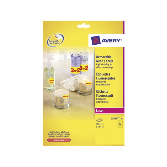 Afbeelding van AVERY AV-L7670Y-25 - Laseretiket rond 63,5 mm, fluor Geel, 25 vellen, 12 etiketten per vel