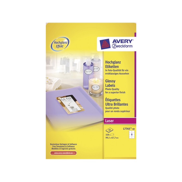 Afbeelding van AVERY AV-L7765-40 - Ultra-heldere laserkleurenetiketten 99,1x67,7 mm, Wit, 40 vellen, 8 etiketten per vel