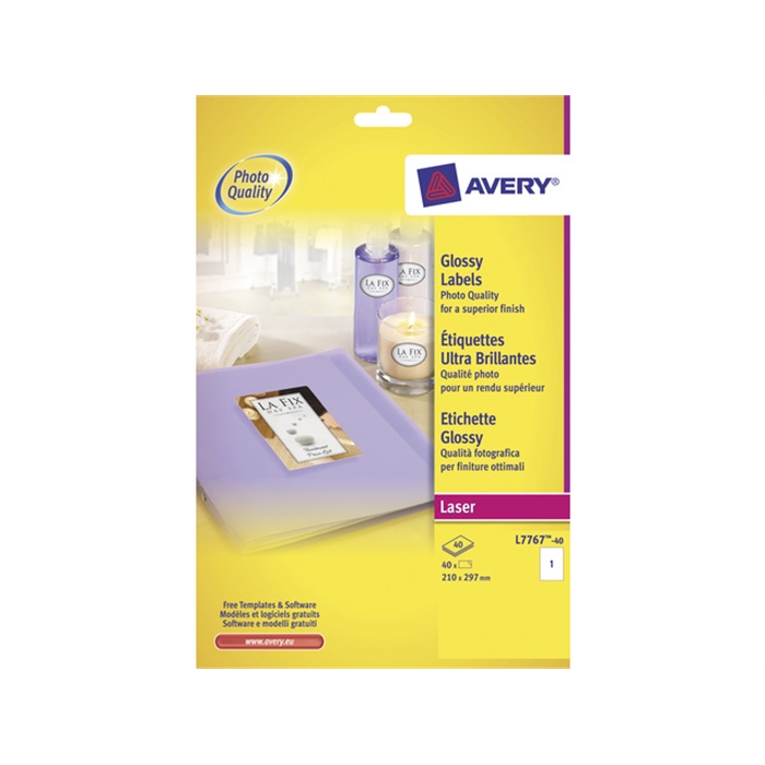 Afbeelding van AVERY AV-L7767-40 - Ultra-heldere laserkleurenetiketten 295x209 mm, Wit, 40 vellen, 1 etiket per vel, 1 etiket per vel