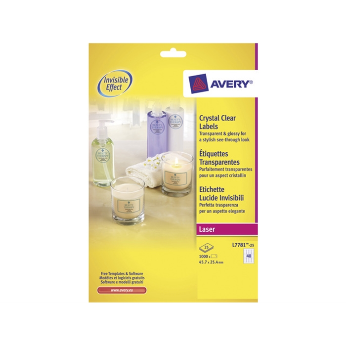 Afbeelding van AVERY AV-L7781-25 - Laseretiket 45,7x25,4 mm, transparant, 25 vellen, 21 etiketten per vel