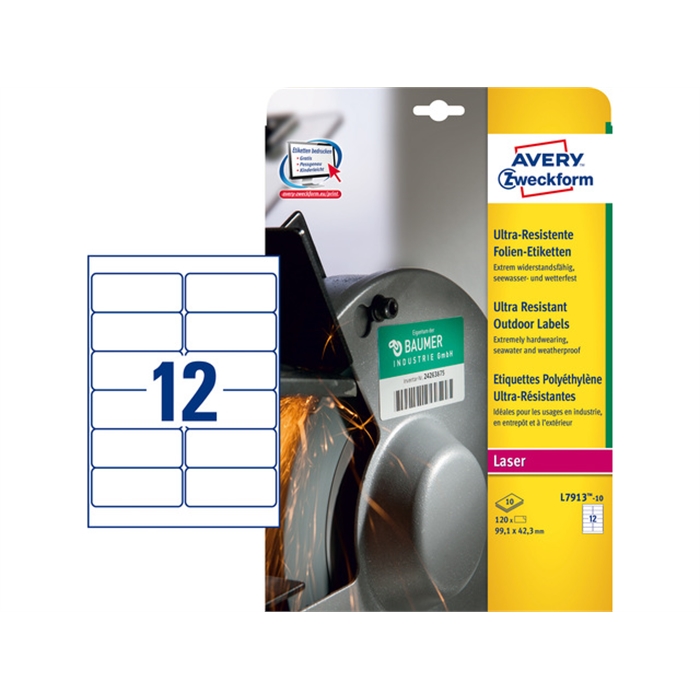 Afbeelding van AVERY AV-L7913-10 - Ultrasterke etiketten Wit 99,1x42,3 mm, 10 vellen, 12 etiketten per vel