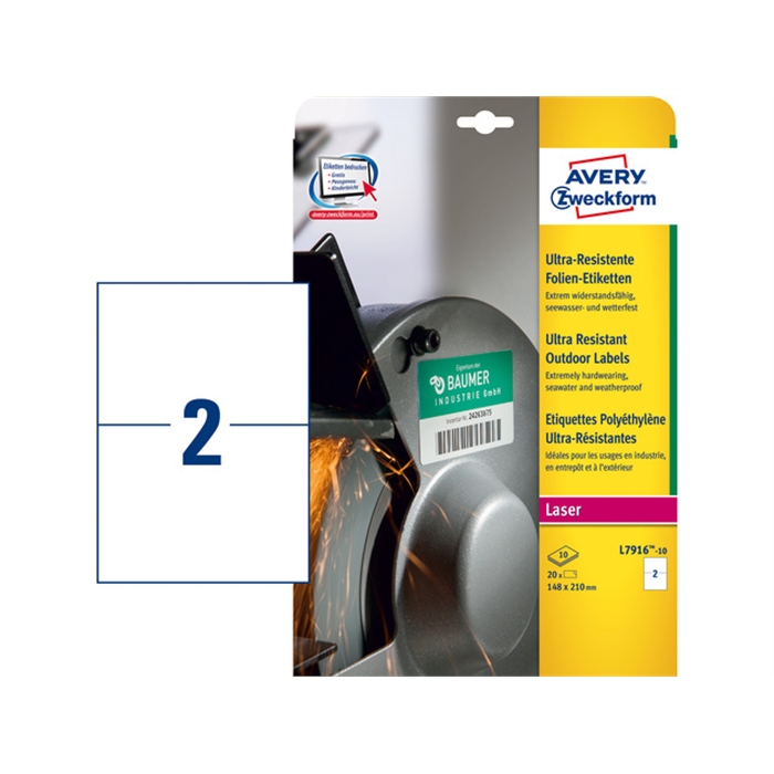 Afbeelding van AVERY AV-L7916-10 - Ultrasterke etiketten Wit 210x148 mm, 10 vellen, 2 etiketten per vel