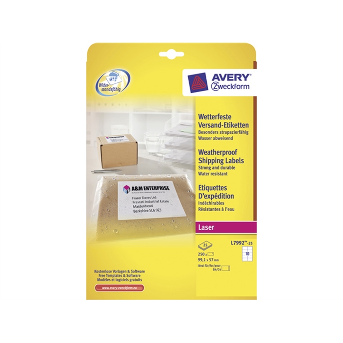 Afbeelding van AVERY AV-L7992-25 - Etiket ultraresistent 99,1x57 mm, 25 vellen, 10 etiketten per vel, Wit