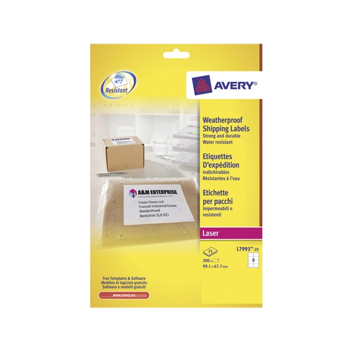 Afbeelding van AVERY AV-L7993-25 - Etiket ultraresistent 99,1x67,7 mm, 25 vellen, 8 etiketten per vel, Wit