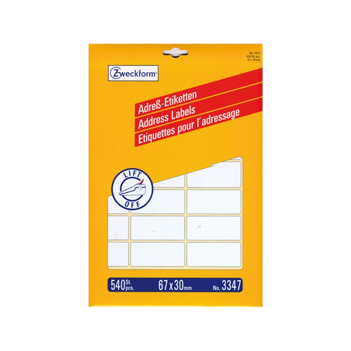 Afbeelding van AVERY AV-3347 - Adresetiketten Zweckform 67x30 mm Wit, 540 etiketten