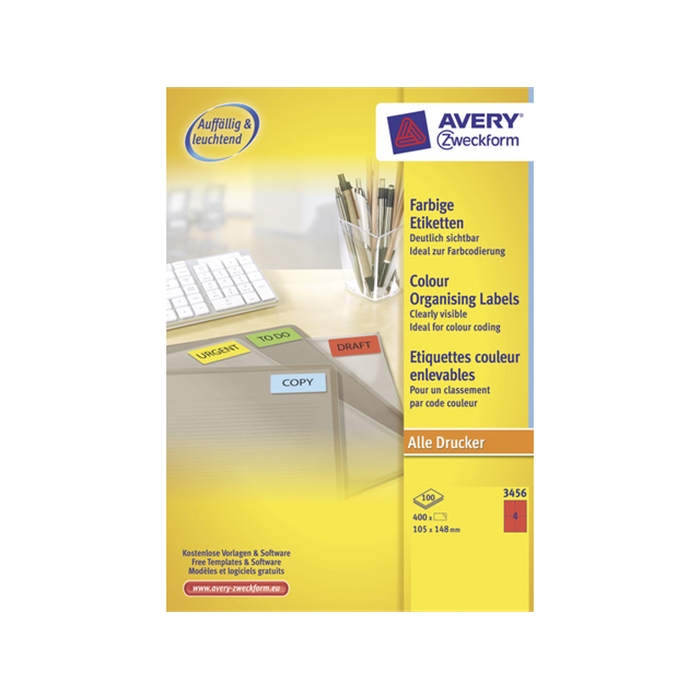 Picture of AVERY AV-3456 - Label 105x148 mm, 100 sheets, 4 labels per sheet, Red