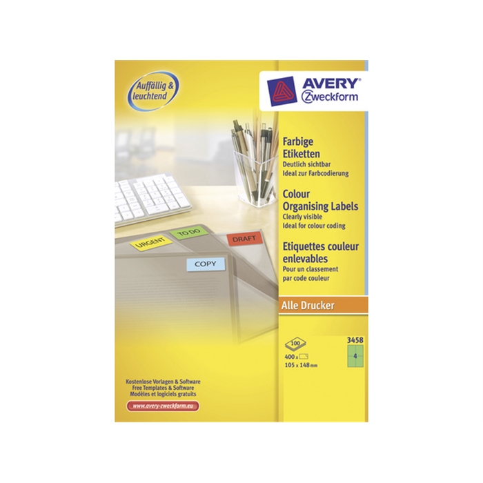 Picture of AVERY AV-3458 - Label 105x148 mm, 100 sheets, 4 labels per sheet, Green