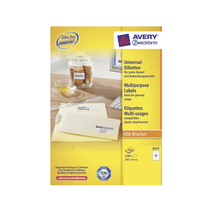 Picture of AVERY AV-3477 - Label 105x41 mm, 100 sheets, 14 labels per sheet, White