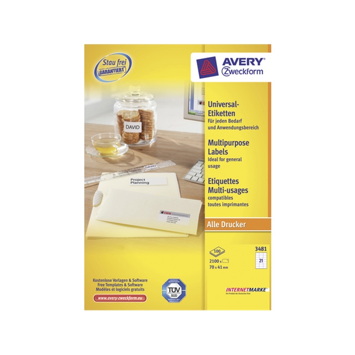 Picture of AVERY AV-3481 - Label 70x41 mm, 100 sheets, 21 labels per sheet, White