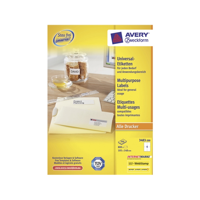 Picture of AVERY AV-3483 - Label 105x148 mm, 100 sheets, 4 labels per sheet, White