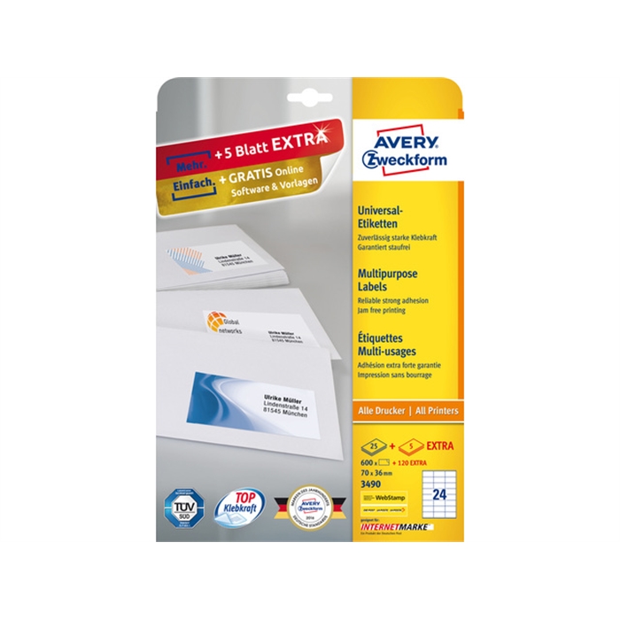 Picture of AVERY AV-3490 - Label 70x36 mm, 25 sheets + 5 sheets additional, 24 labels per sheet, White