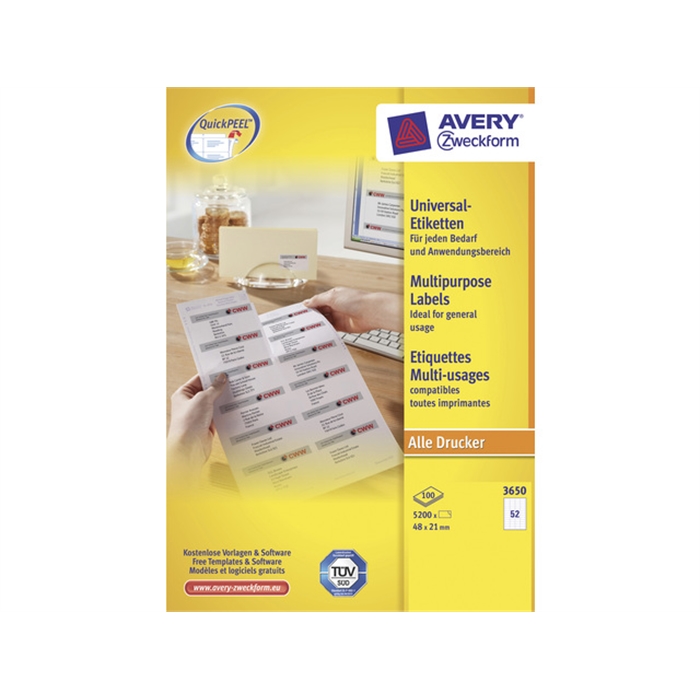 Afbeelding van AVERY 3650 - ILC-etiketten 48x21 mm Wit, 100 vellen, 52 etiketten per vel