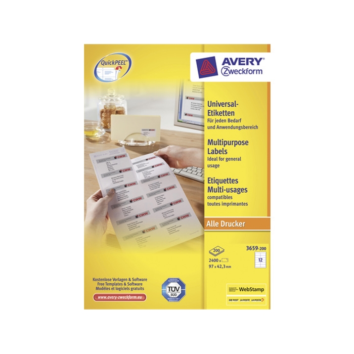 Picture of AVERY AV-3659 - Label 97x42,3 mm, 100 sheets, 12 labels per sheet, White