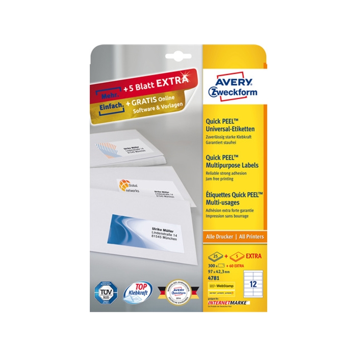 Picture of AVERY AV-4781 - Label 97x42,3 mm, White, 25 sheets + 5 additional sheets, 12 labels per sheet