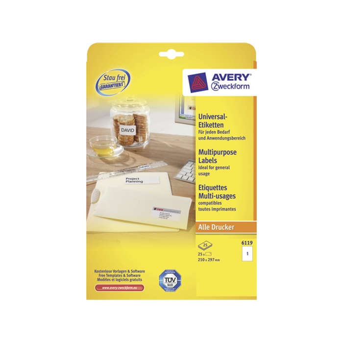 Picture of AVERY AV-6119 - Label A4, 25 sheets, 1 label per sheet