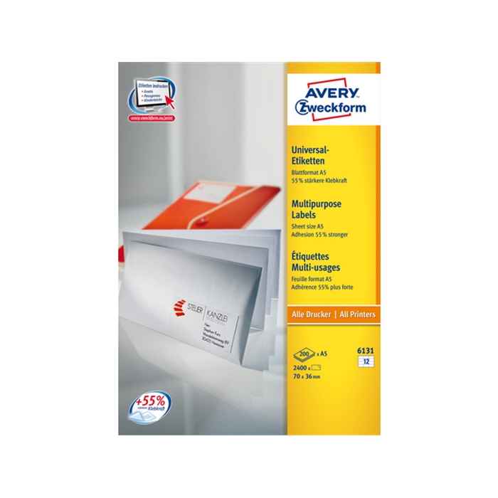 Picture of AVERY AV-6131 - Label A5 70x36 mm, 200 sheets, 12 labels per sheet, White