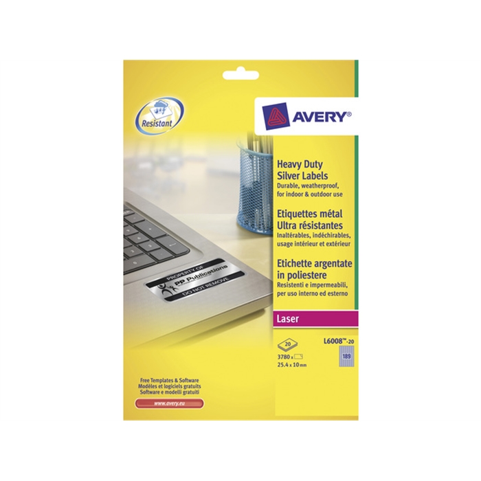 Afbeelding van AVERY AV-L6008-20 - Laseretiket ultraresistent 25,4x10 mm, 20 vellen, 189 etiket per vel, Zilver