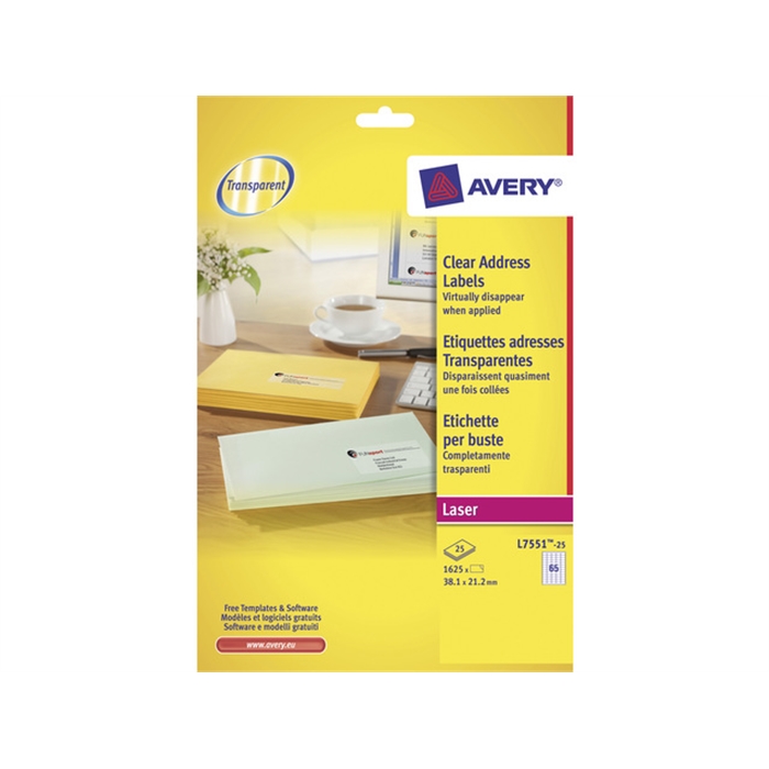 Afbeelding van AVERY AV-L7551-25 - Mini laseretiket 38,1x21,2 mm, transparant, 25 vellen, 65 etiketten per vel