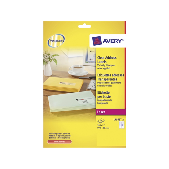 Afbeelding van AVERY AV-L7563-25 - Laseretiket 99,1x38,1 mm, transparant, 25 vellen, 14 etiketten per vel