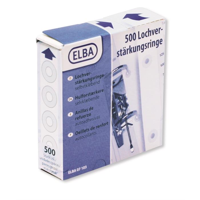 Picture of ELBA reinforcements, PP, self-adhesive, diameter 15 mm, repair torn out holes, dispenser box with 500 pieces, transparent