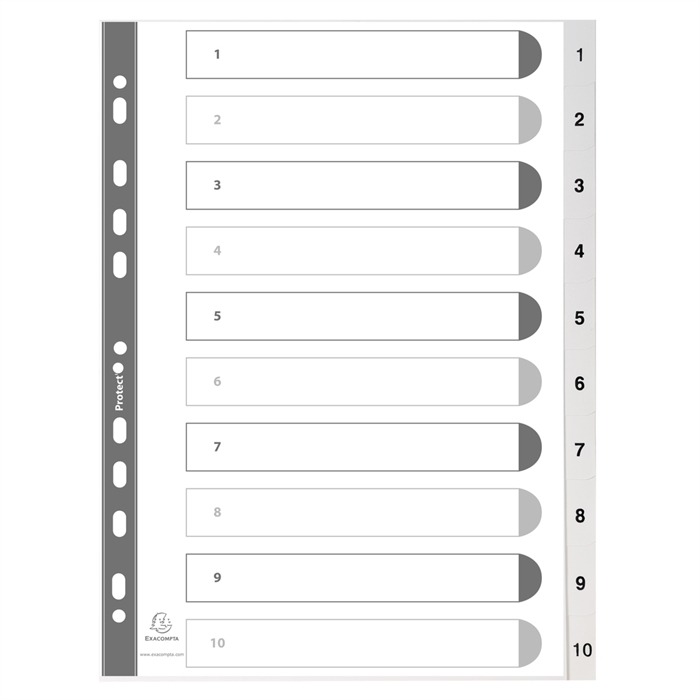 Afbeelding van Bedrukte tabbladen numeriek  witte polypropyleen - 10 tabs - A4-Wit