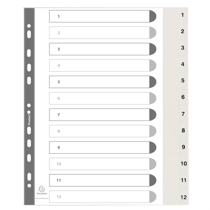 Afbeelding van Bedrukte tabbladen numeriek  witte polypropyleen - 12 tabs - A4-Wit