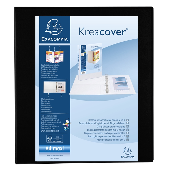 Image de Classeur PP personnalisable Kreacover - 4 anneaux en D 40mm - A4 maxi-Noir