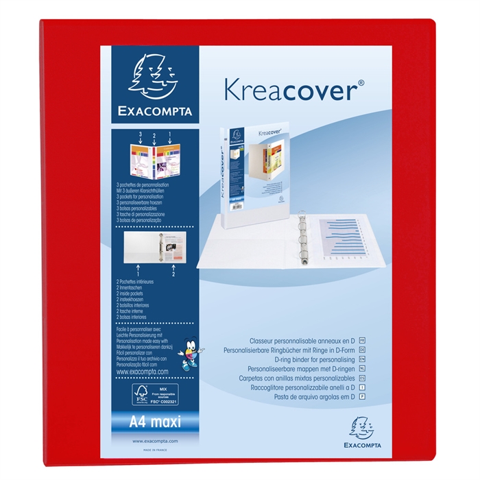 Image de Classeur PP personnalisable Kreacover - 4 anneaux en D 40mm - A4 maxi-Rouge