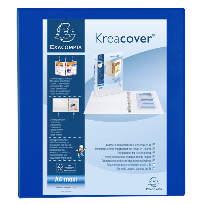 Image de Classeur PP personnalisable Kreacover - 4 anneaux en D 50mm - A4 maxi-Bleu