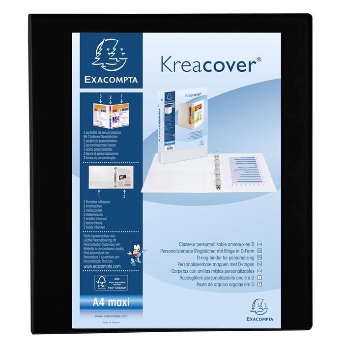 Image de Classeur PP personnalisable Kreacover - 4 anneaux en D 50mm - A4 maxi-Noir